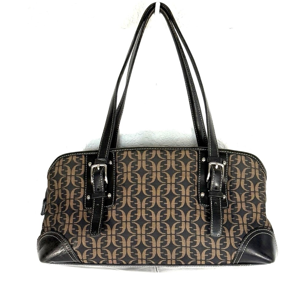 Fossil ZB4059 Brown Monogram Jacquard Leather Trim Satchel Shoulder Bag Purse